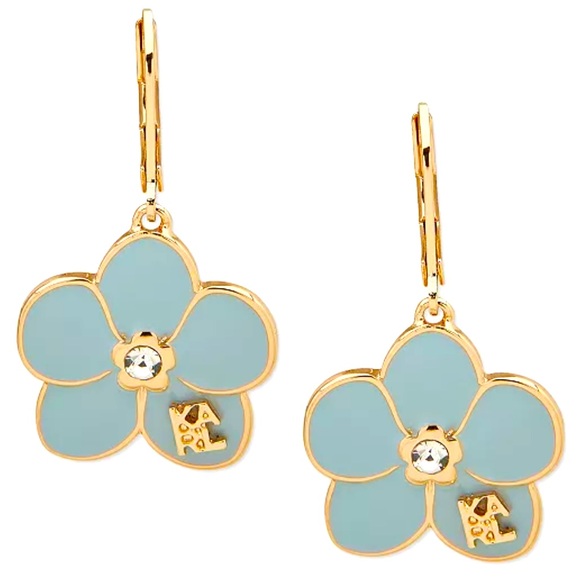Karl Lagerfeld Gold Tone and Blue Floral Earrings with Crystal Accent NWT - Picture 1 of 2
